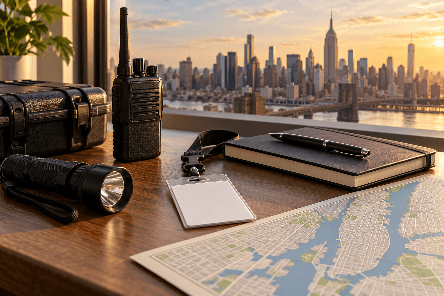 New York guard card training materials with radio notebook and flashlight