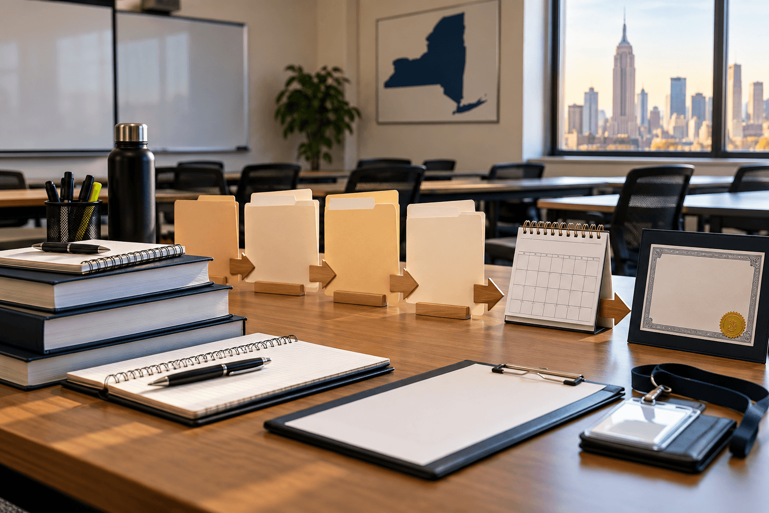 New York security licensing pathway materials arranged on a desk