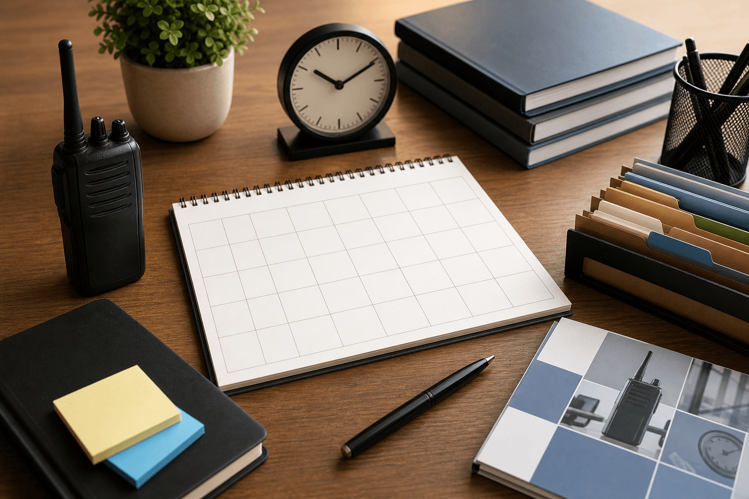 Organized annual security training renewal planning desk with radio and blank calendar