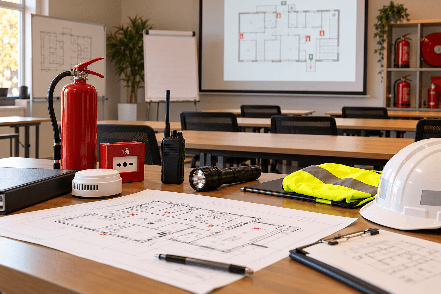 Fire safety course study materials and building safety equipment