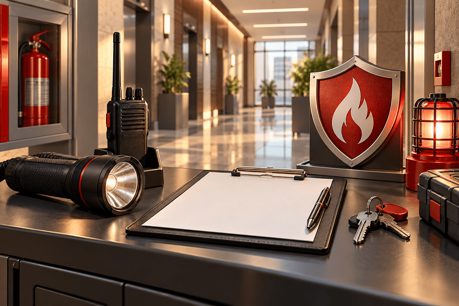 Fireguard safety station with radio flashlight keys and inspection clipboard