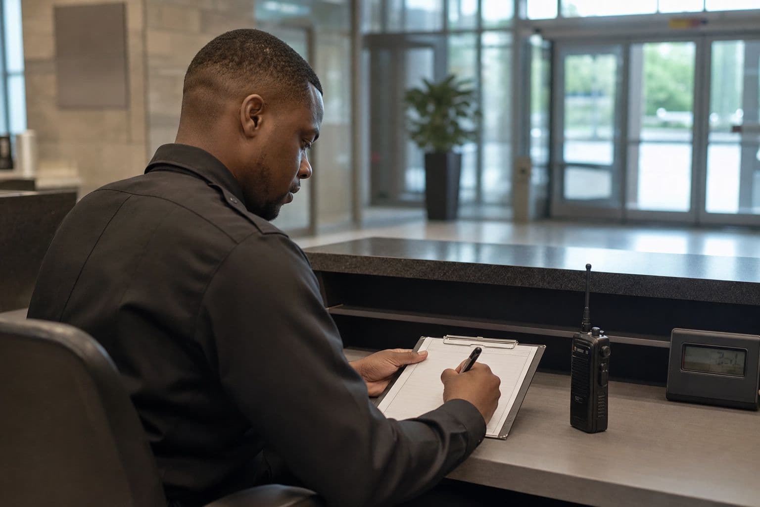 Security guard writing an incident report on a clipboard at a building lobby desk