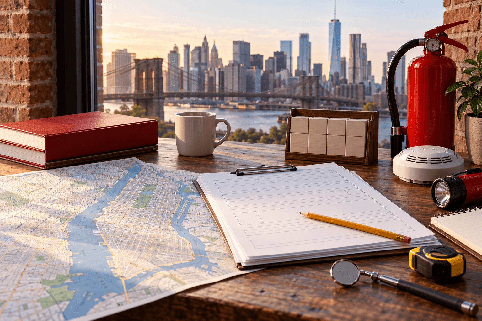 FDNY certificate of fitness roadmap materials on a New York study desk