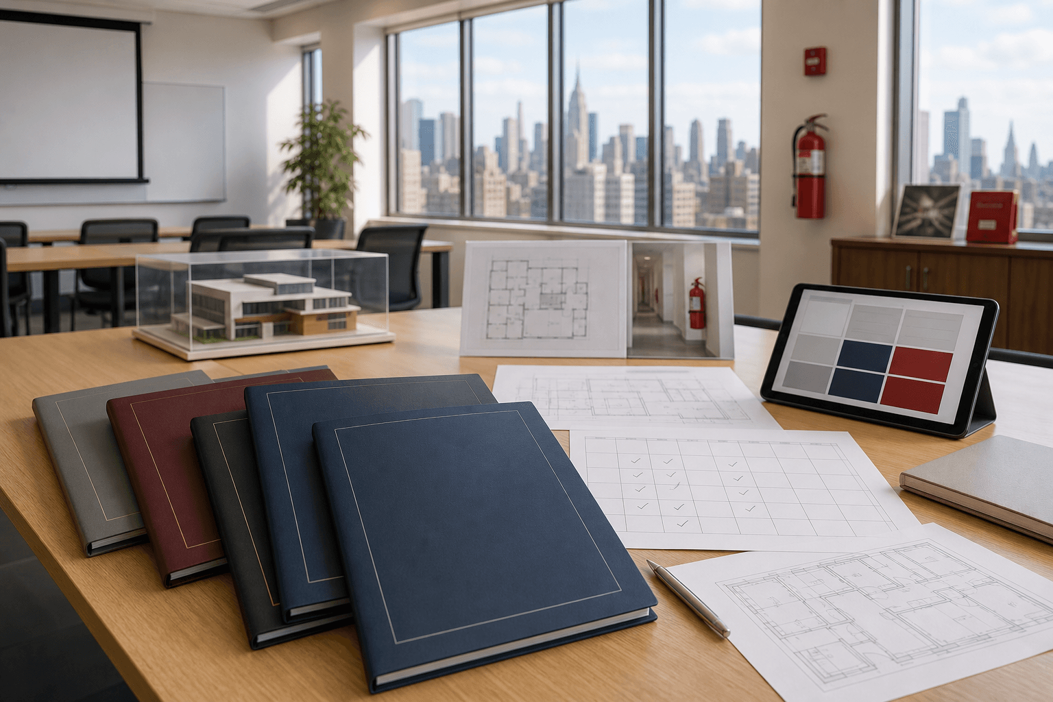 Fire safety course comparison materials and building plans in a New York training room
