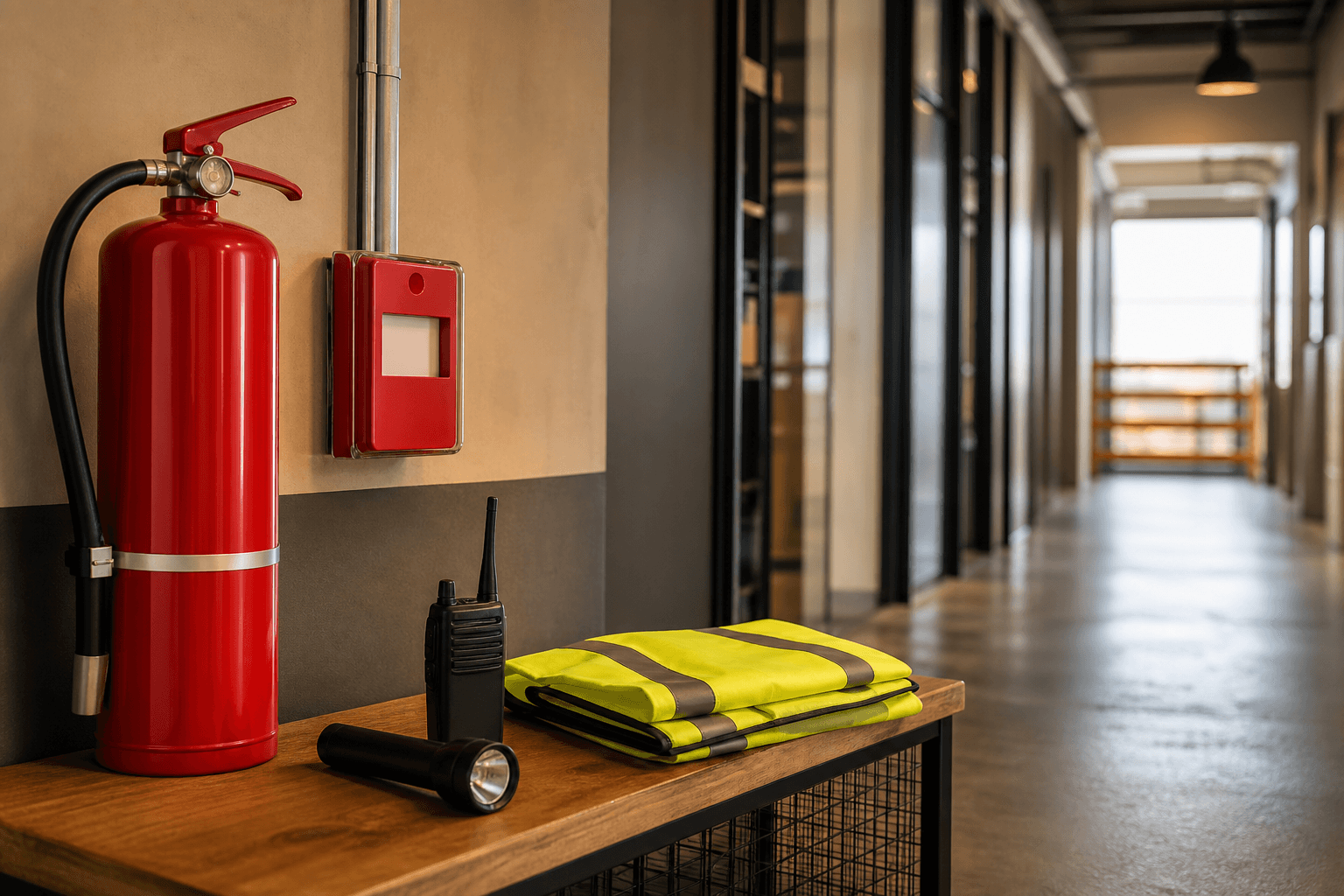 Fire guard training equipment arranged in a commercial safety corridor