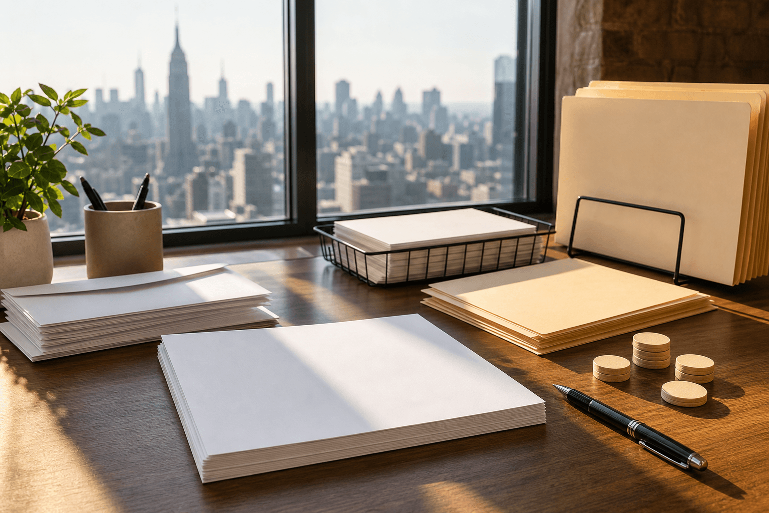 Blank fee-planning documents and organized folders overlooking New York City