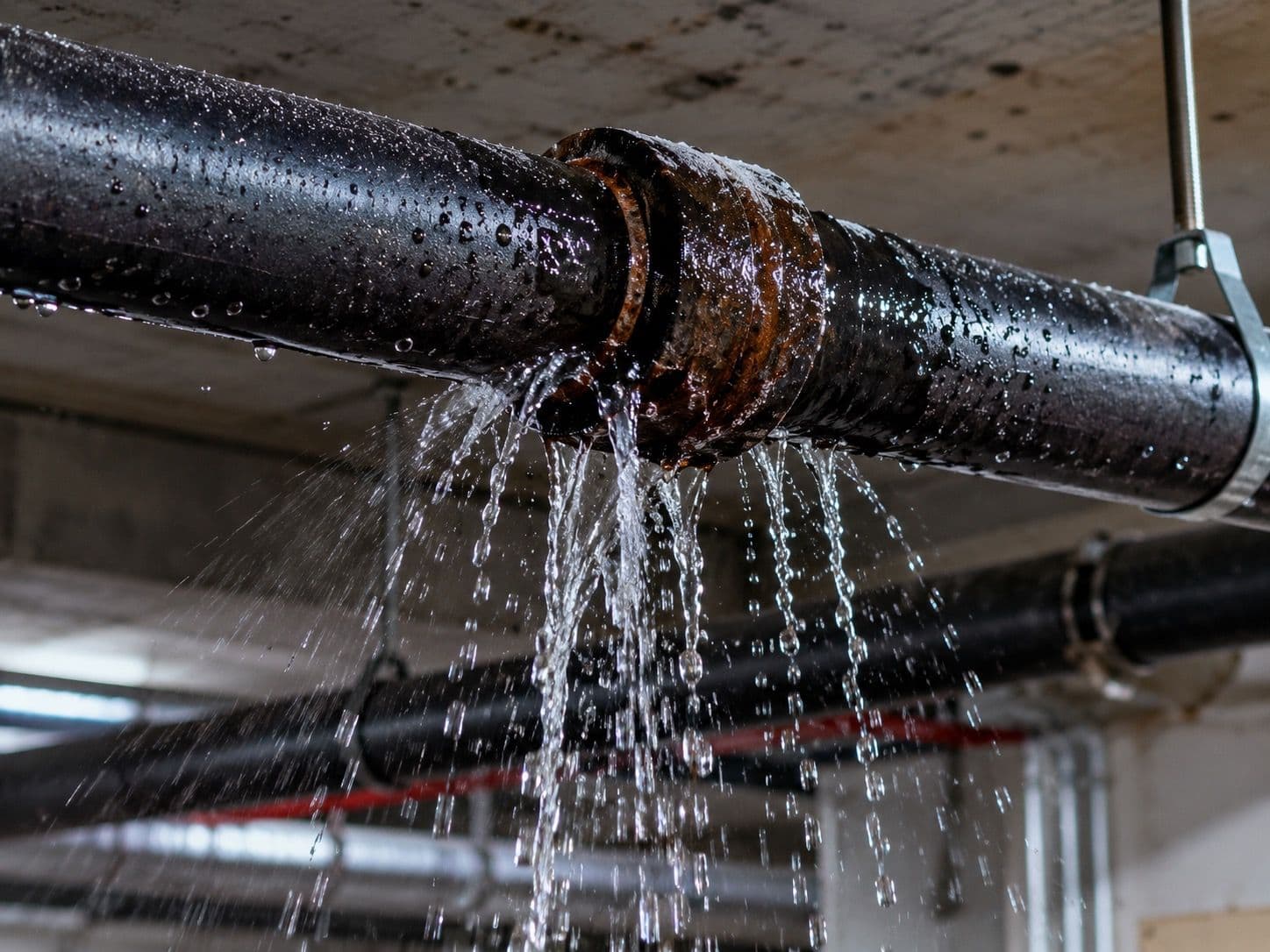 Water leaking from a damaged black pipe inside a building