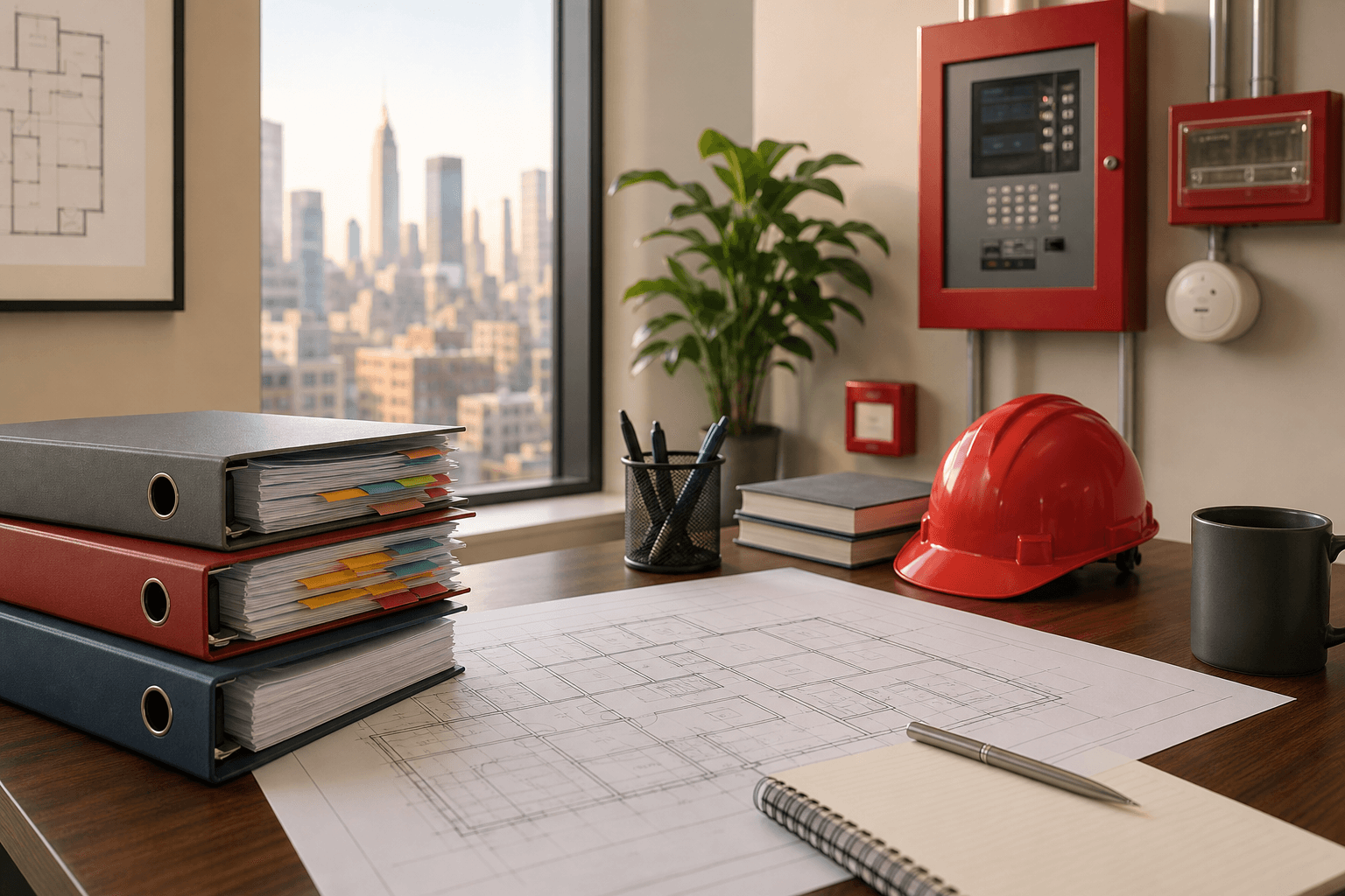 Fire safety director exam preparation materials in a New York City building safety office