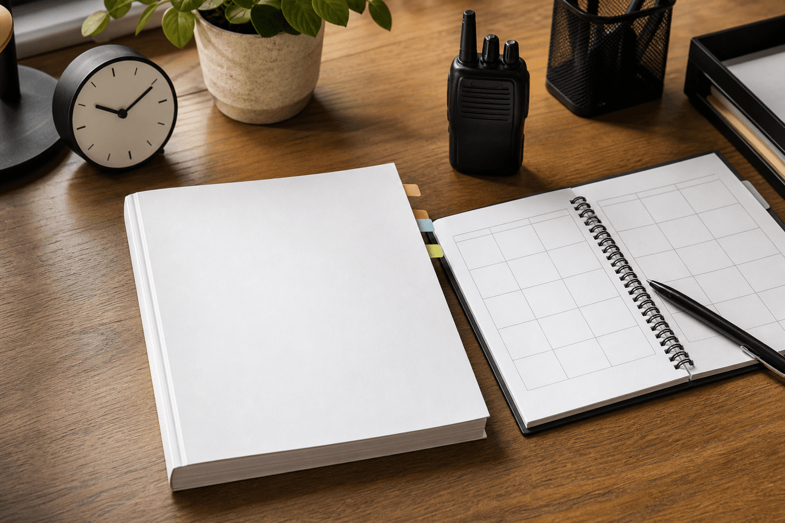 Blank security training manual and weekly study planner with an unmarked radio