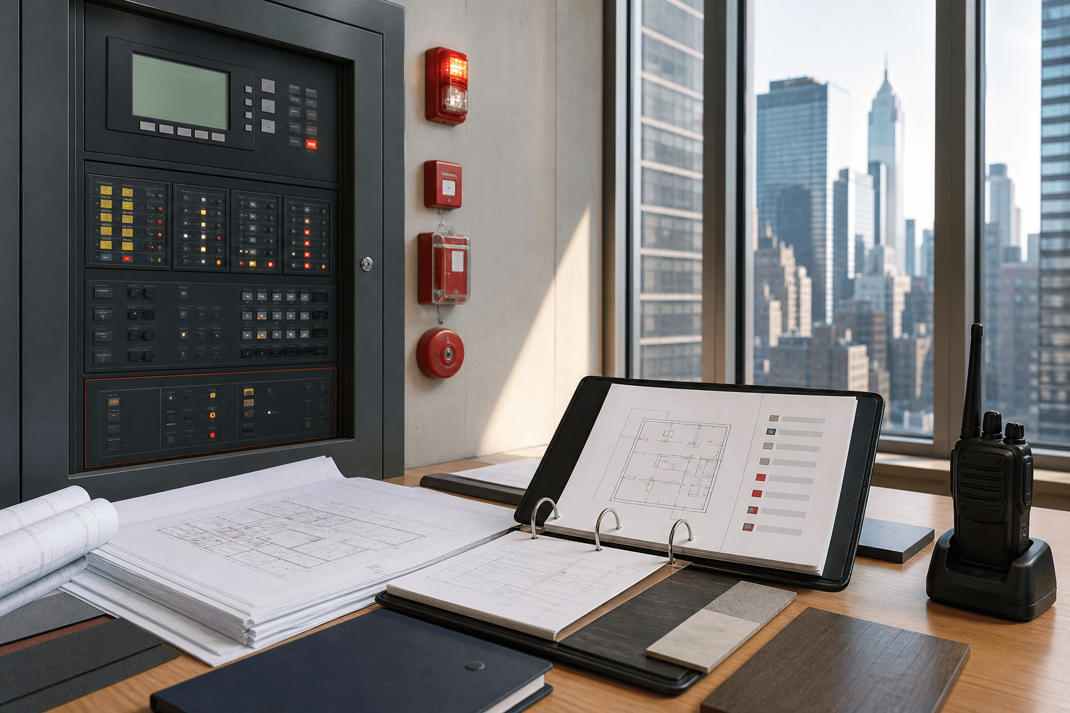 High-rise fire command panel with emergency plans and communication equipment