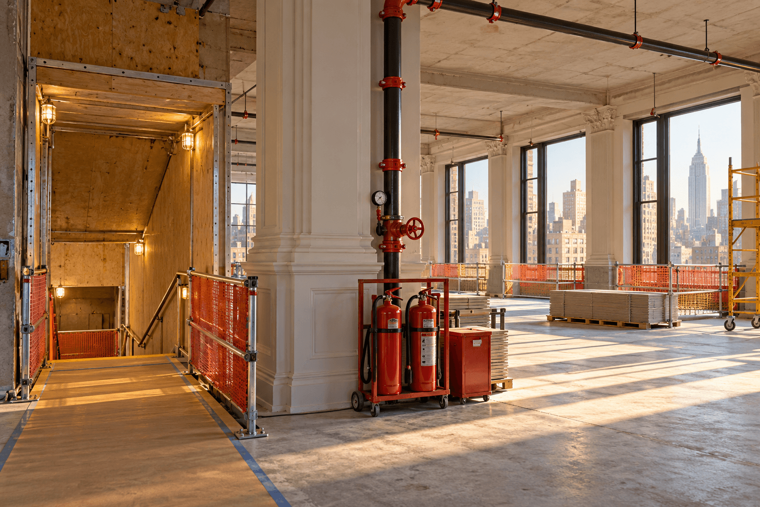 New York building renovation area with organized temporary fire-safety equipment