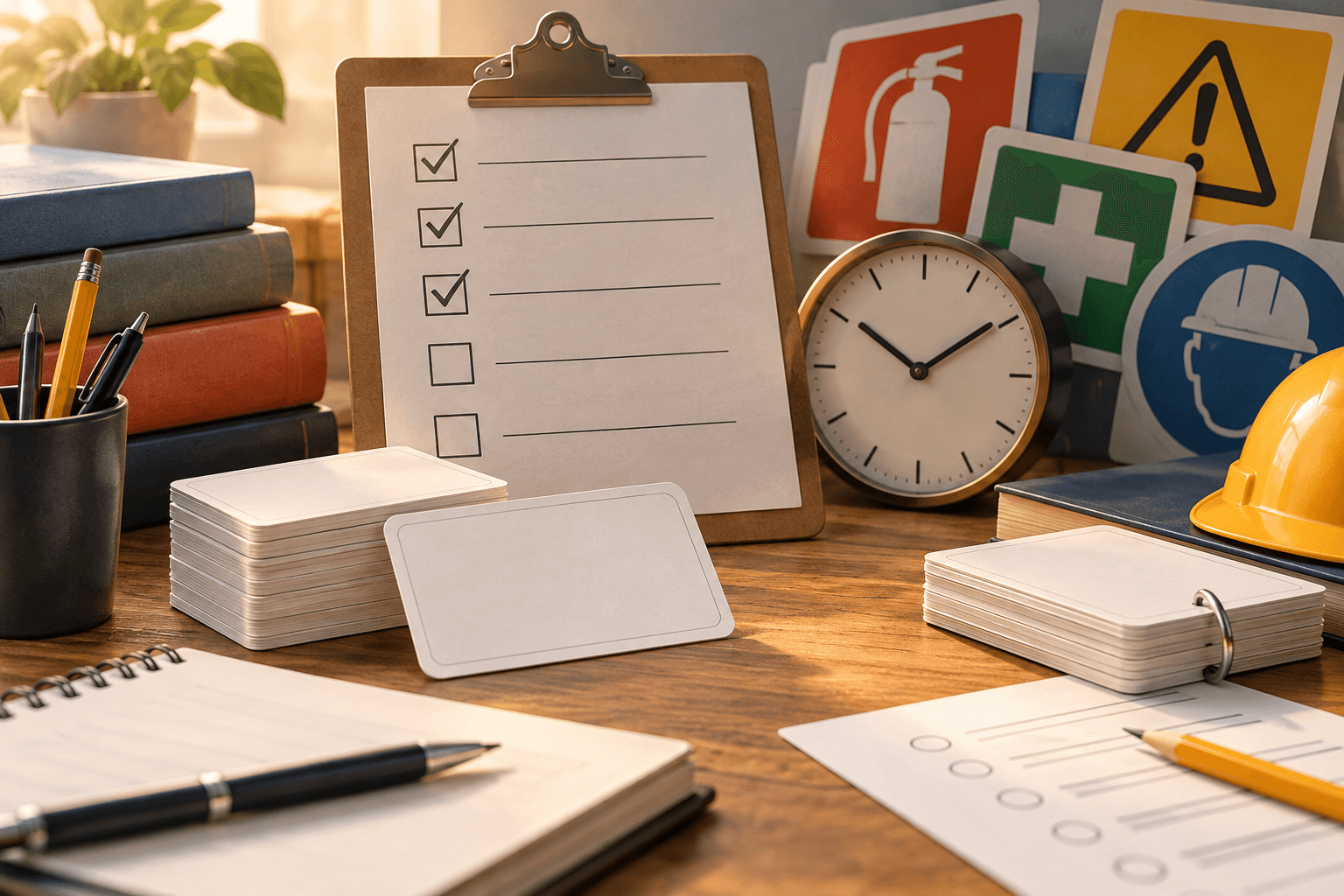 Organized F-89 exam preparation cards and fire-safety study tools