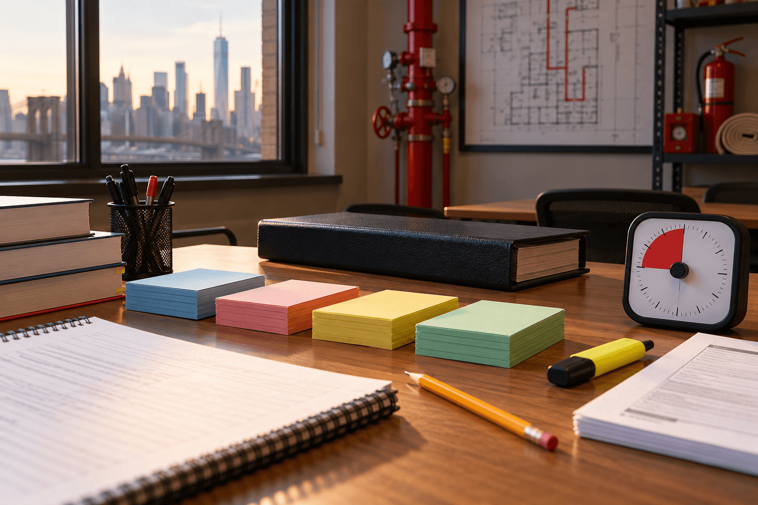 Organized FDNY certificate exam study station with blank review cards