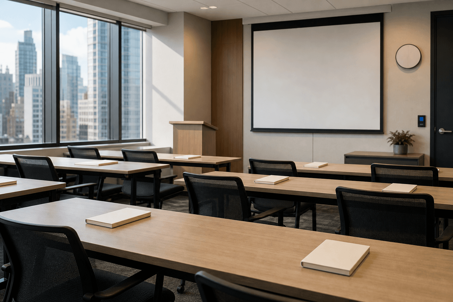 Empty New York training classroom with blank notebooks prepared for annual security instruction