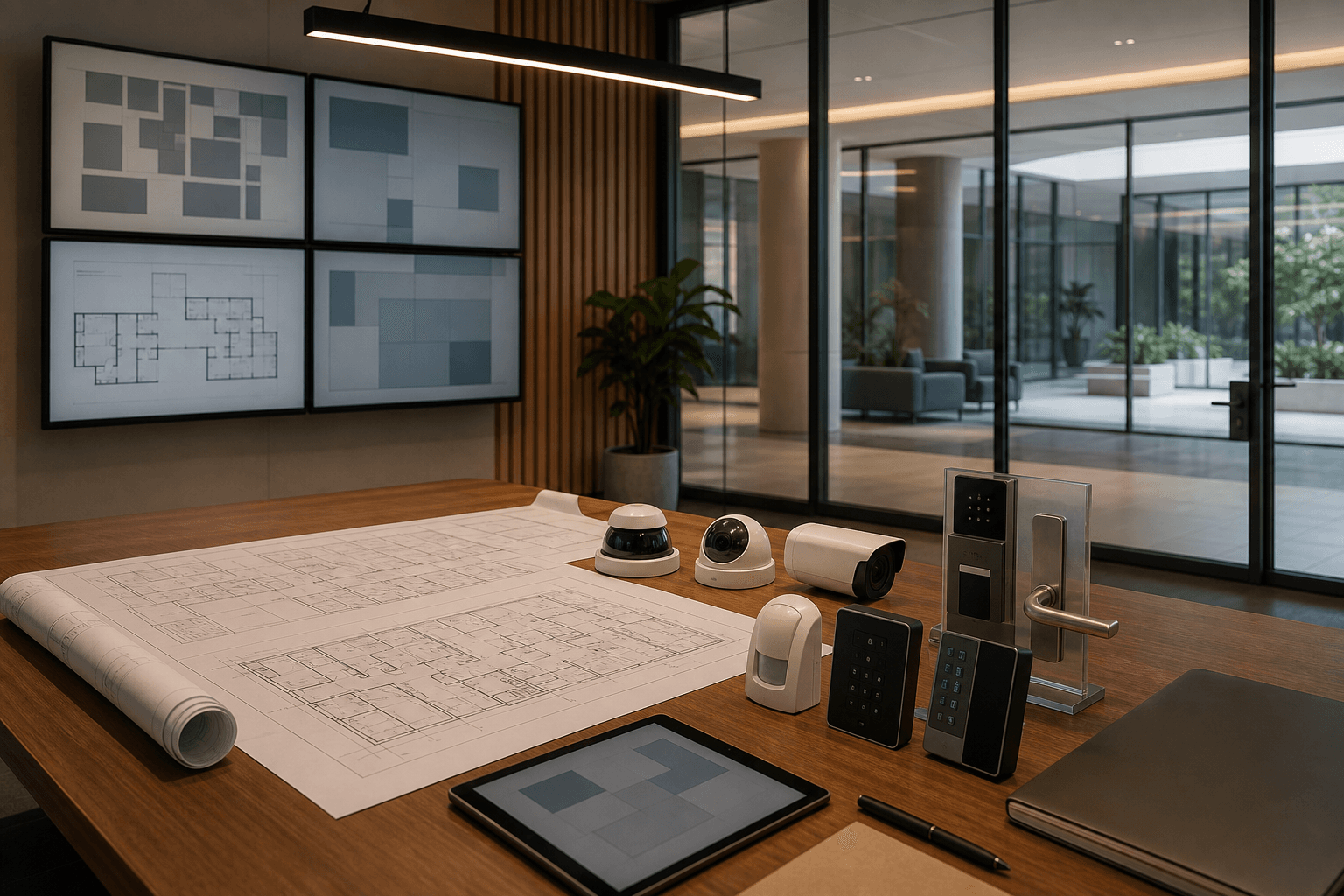 Professional business security planning room with access-control equipment and floor plans