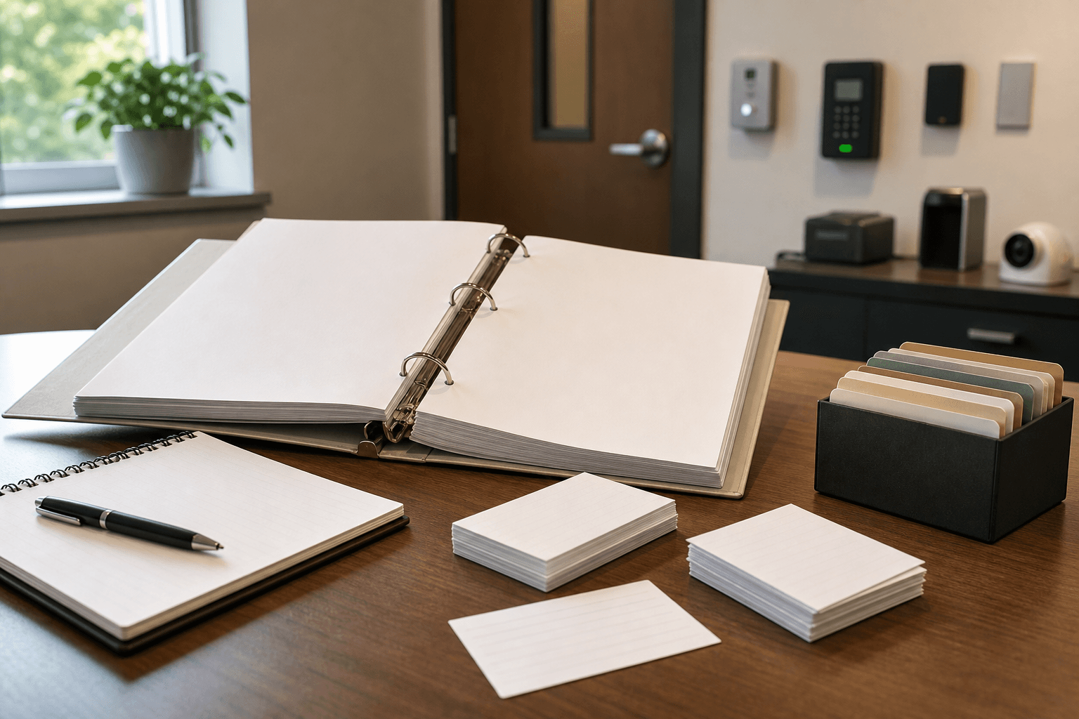 Open security training binder with organized blank study cards and notebook